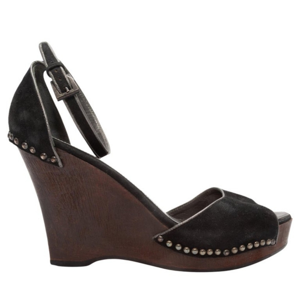 Prada Suede Studded Wedge Platform Heels Sandals 35.5